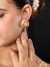 Matte Gold Round Earrings with White Kundan, CZ Stones and Pink Beads