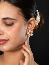 Matte Gold Flower Design Earrings with Red Stone and White Kundan