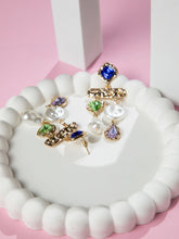 Gold Plated Dangler Earrings with Green and Blue Stones and Faux White Pearls