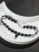 Black Cotton Floral Necklace with Black Stone Pendant