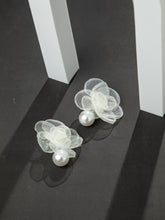 White Floral Cloth Earrings with Faux Pearl Drop