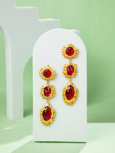 Matte Gold Plated Triple Red Stone Long Earrings