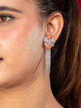 Rhodium Plated Bow Shaped White American Diamond Dangler Earrings