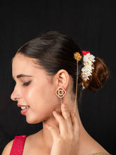Matte Gold Earrings with Ear Chain, Lotus Design and Multicolor CZ Stones