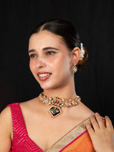Matte Gold Plated Choker Necklace and Earrings Set with Kundan, White CZ and Multicolor Stones