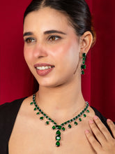 Rhodium Plated Green American Diamond Necklace with Long Earrings