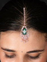 Rose Gold Plated American Diamond Maang Tika with White and Green Stone