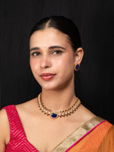 Matte Gold Plated Choker Necklace Set with Royal Blue and White Stones