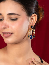 Matte Gold Plated Chandelier Earrings with Royal Blue, White CZ and Kundan Stones