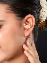 24K Matte Gold Plated Long Moon Earrings with Pearls and Kundan Stones
