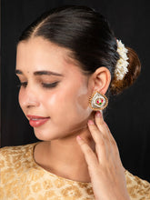 Dual Tone Gold and Silver Plated Triangular Earrings with Lotus Design and Kundan Stones