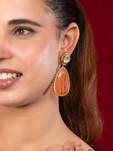 Matte Gold Plated Long Earrings with Orange Onyx, White CZ and Kundan Stones