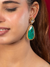 Matte Gold Plated Long Earrings with Lime Green, White CZ and Kundan Stones