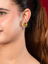 Matte Gold Plated Water Drop Stud Earrings with Yellow Stone and White CZ Stones