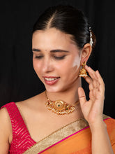24K Gold Plated Antique Peacock Choker Necklace with Jhumka Earrings