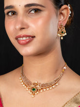 24K Gold Plated Peacock Emerald and Pearl Necklace Earrings Set
