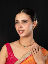 24K Gold Plated Antique Necklace with Earrings Set with Oval Green Stones