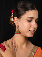 24K Gold Plated Goddess Lakshmi Temple Jhumka Earrings with Red and Green Faux Pearls