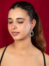 Rhodium Plated Statement Earrings with Green Emerald and Pink Water-Drop Stones