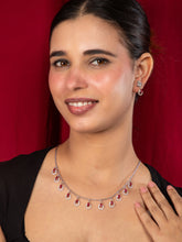 Rhodium Plated White and Pink Water-Drop American Diamond Necklace Earrings Set