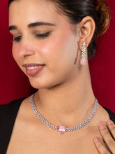 Rhodium Plated Pink American Diamond Necklace Set Long Earrings