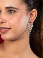 Rhodium Plated Green and White American Diamond Dangler Earrings
