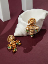 Matte Gold Plated Antique Dangler Earrings with Green and Golden Beads