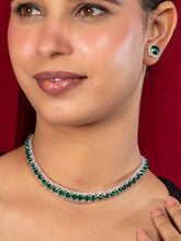 Silver Plated American Diamond Necklace and Earrings Set with White and Green Stones