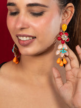 24K Gold Plated Floral Statement Earrings with Mulri-Colored Stones and Beads