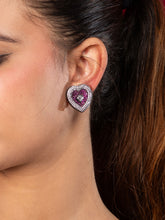 Rhodium Plated Black Heart Shaped White and Pink American Diamond Earrings