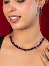 Rhodium Plated Purple American Diamond Necklace and Earrings Set