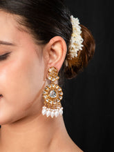 Gold Plated Long Dangler Earrings with White Kundan and Faux Pearls