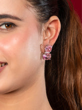 Rhodium Plated Pink American Diamond Earrings with Round and Square Stones