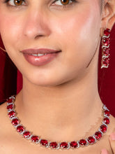 Rhodium Plated Red American Diamond Necklace and Long Earrings Set