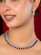 Rhodium Plated Purple American Diamond Necklace and Long Earrings Set