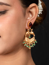 Matte Gold Plated Peacock Design Long Dangler Earrings with Red Stone