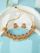 22K Gold Plated Ruby Emerald Crescent Necklace and Earrings Set