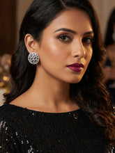 Rhodium Plated Big Round Stud Earrings with White and Black American Diamonds