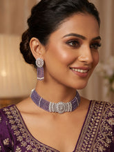 Rhodium Plated White American Diamond Choker with Multi Layer Purple Stone Necklace and Dangler Earrings
