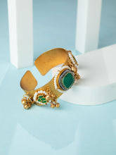 Matte Gold Plated Lotus Kada Bracelet with Green and White CZ Stones