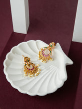 24K Gold Plated Pink, Green and White stone Chandbali Earrings with Faux Pearls