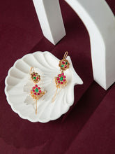 24K Gold Plated Floral Long Earrings with Red and Green Stone