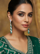 Long Rhodium Plated White and Green American Diamond Earrings