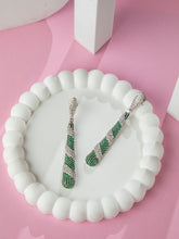 Long Rhodium Plated White and Green American Diamond Earrings