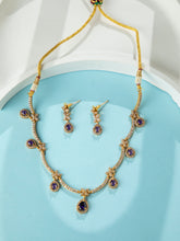 24K Gold Plated White and Purple American Diamond Necklace and Earrings Set