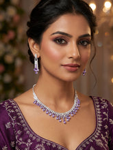 Silver Plated Necklace Set with White and Purple American Diamond Stones and Matching Earrings