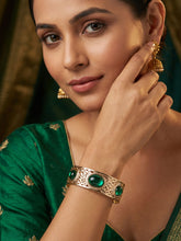 Gold Plated Adjustable Kada Bangle with Green Stones
