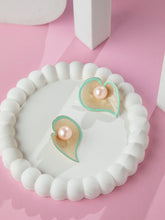 Gold Plated Green Leaf Earrings with Faux Pearl