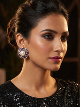 Round Pink and Blue Stone Stud Earrings with Faux Pearls