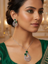 Rhodium Plated Necklace with White and Green AD Stone Pendant and Matching Earrings